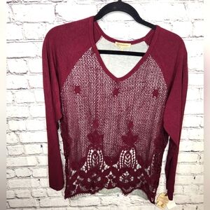 Democracy Burgundy Gray Layered Lace Long Sleeve Top Tee Womens Large NWT